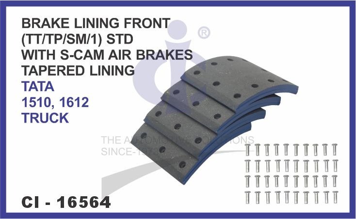 BRAKE LINING FRONT SET OF 4 PCS (TT/TP/SM/1) STD WITH S-CAM AIR BRAKES TAPERED LINING TATA 1510, 1612 TRUCK