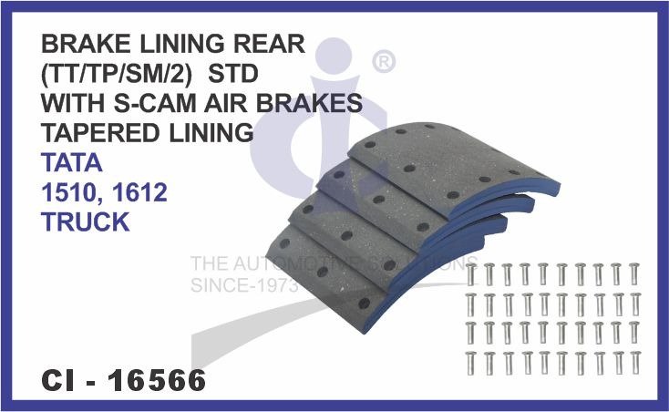 BRAKE LINING REAR SET OF 4 PCS (TT/TP/SM/2) STD WITH S-CAM AIR BRAKES TAPERED LINING TATA 1510, 1612 TRUCK