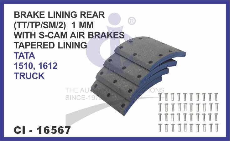 BRAKE LINING REAR SET OF 4 PCS (TT/TP/SM/2) 1 MM WITH S-CAM AIR BRAKES TAPERED LINING TATA 1510, 1612 TRUCK