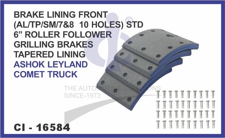 BRAKE LINING FRONT SET OF 4 PCS (AL/TP/SM/7&8 10 HOLES) STD 6â€™â€™ ROLLER FOLLOWER GRILLING BRAKES TAPERED LINING ASHOK LEYLAND COMET TRUCK